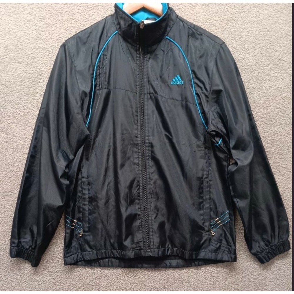 adidas Youth XXL / Men's S Windbreaker Jacket Black/Blue Mesh-Lined Zip Pockets‎